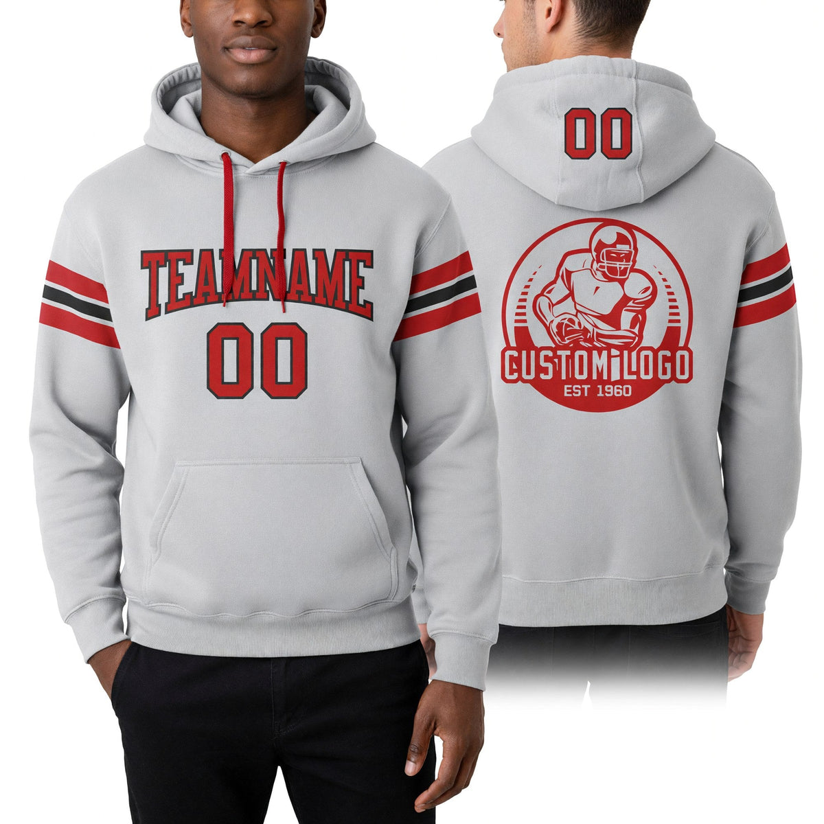Custom Stitched Gray Red-Black Football Pullover Sweatshirt Hoodie worn front and back