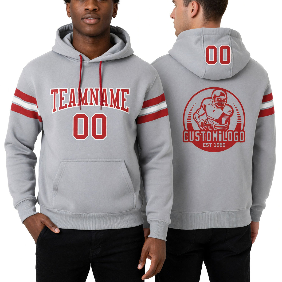 Custom Stitched Gray Red-White Football Pullover Sweatshirt Hoodie worn front and back