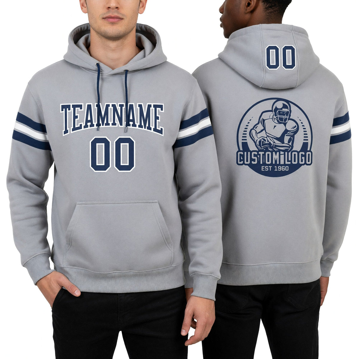 Custom Stitched Gray Navy-White Football Pullover Sweatshirt Hoodie worn front and back
