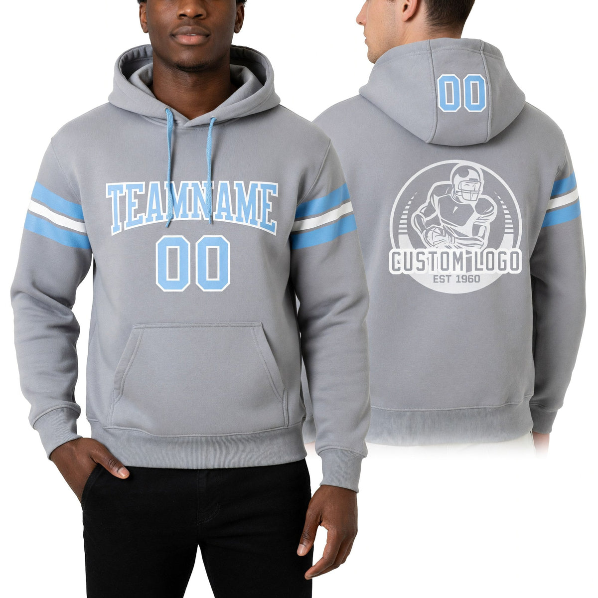 Custom Stitched Gray Light Blue-White Football Pullover Sweatshirt Hoodie worn front and back