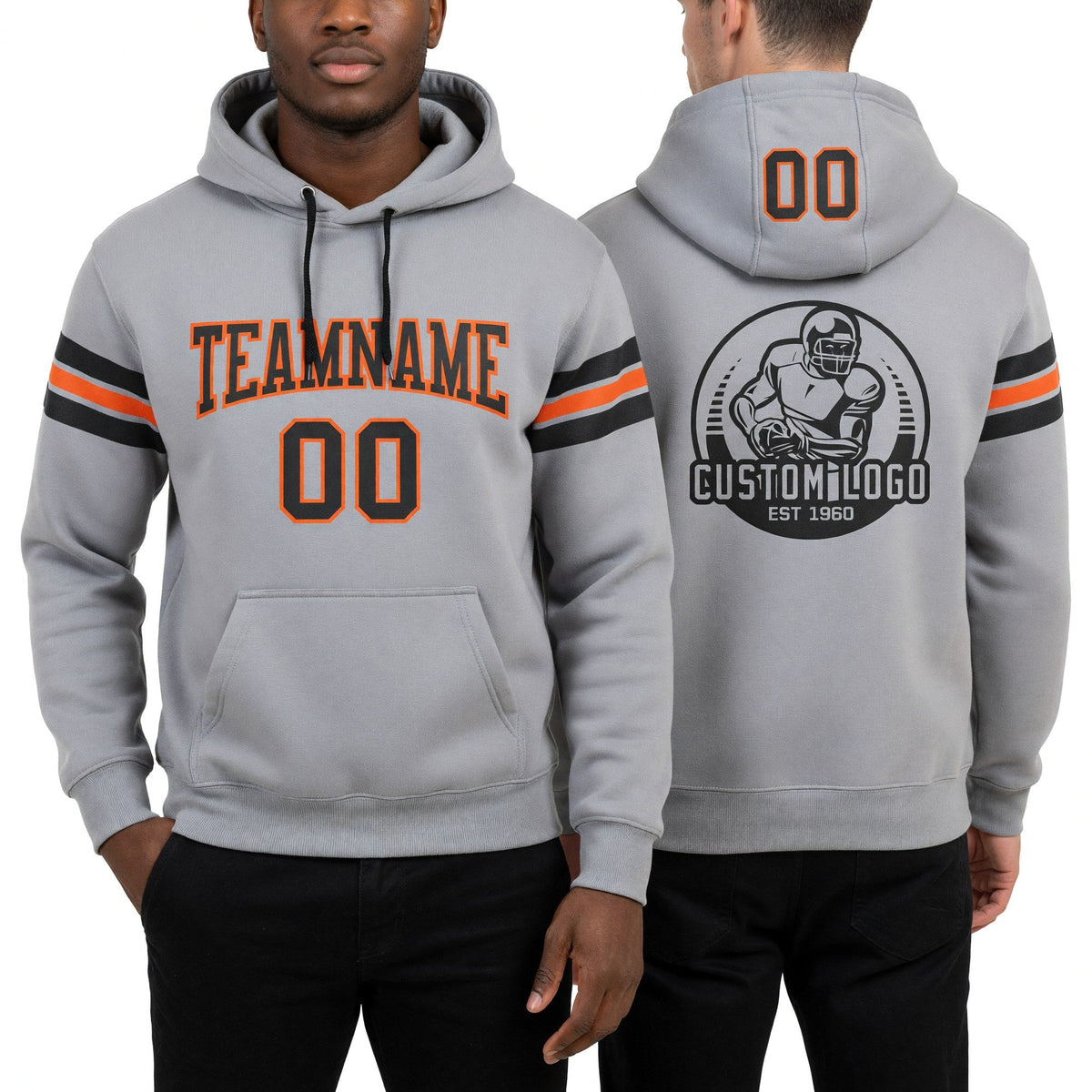 Custom Stitched Gray Black-Orange Football Pullover Sweatshirt Hoodie worn front and back