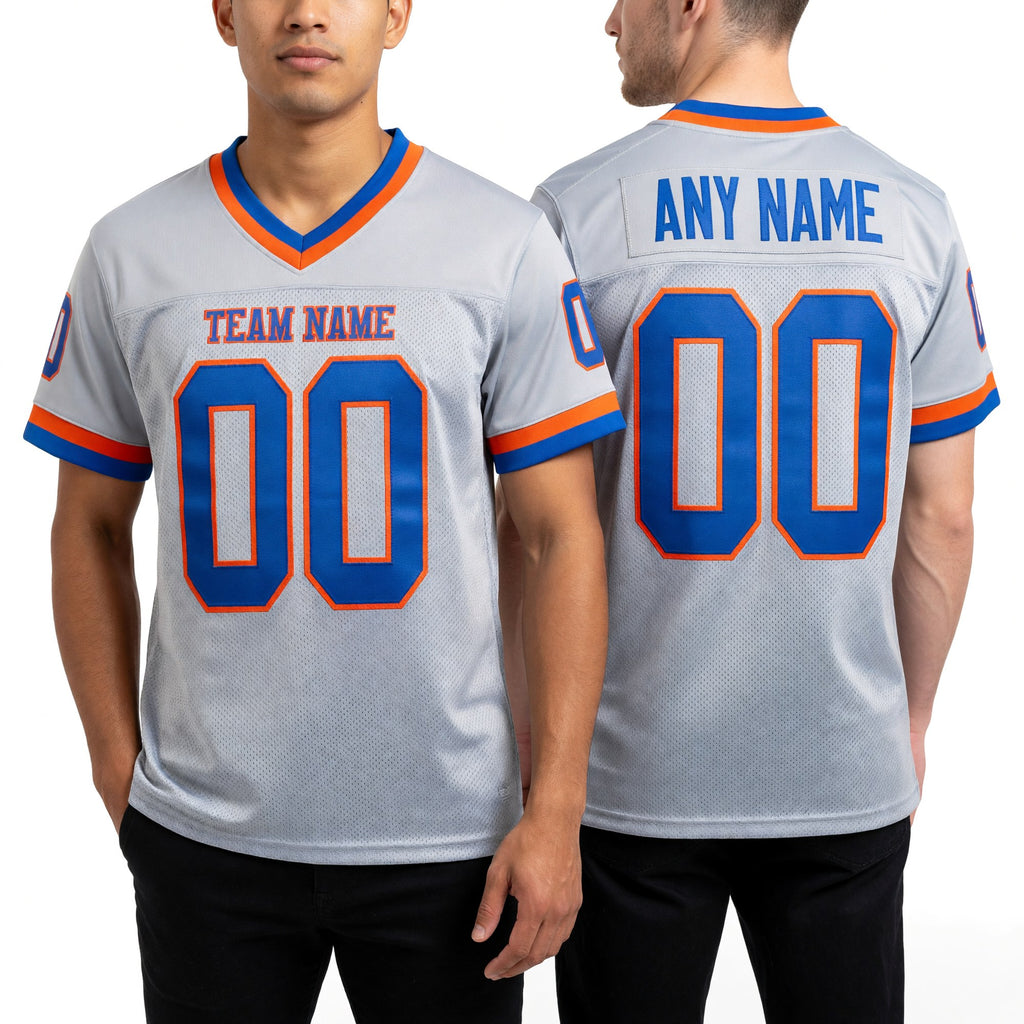 Custom Gray Royal-Orange Mesh Authentic Throwback Football Jersey worn front and back