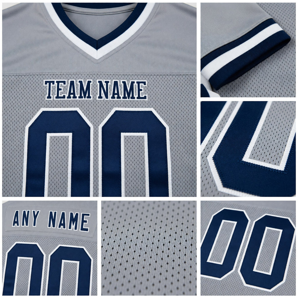 Custom Gray Navy-White Mesh Authentic Throwback Football Jersey detail
