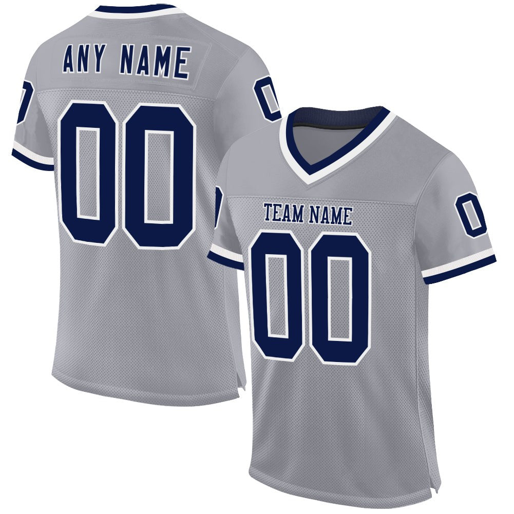 Custom Gray Navy-White Mesh Authentic Throwback Football Jersey photo 1