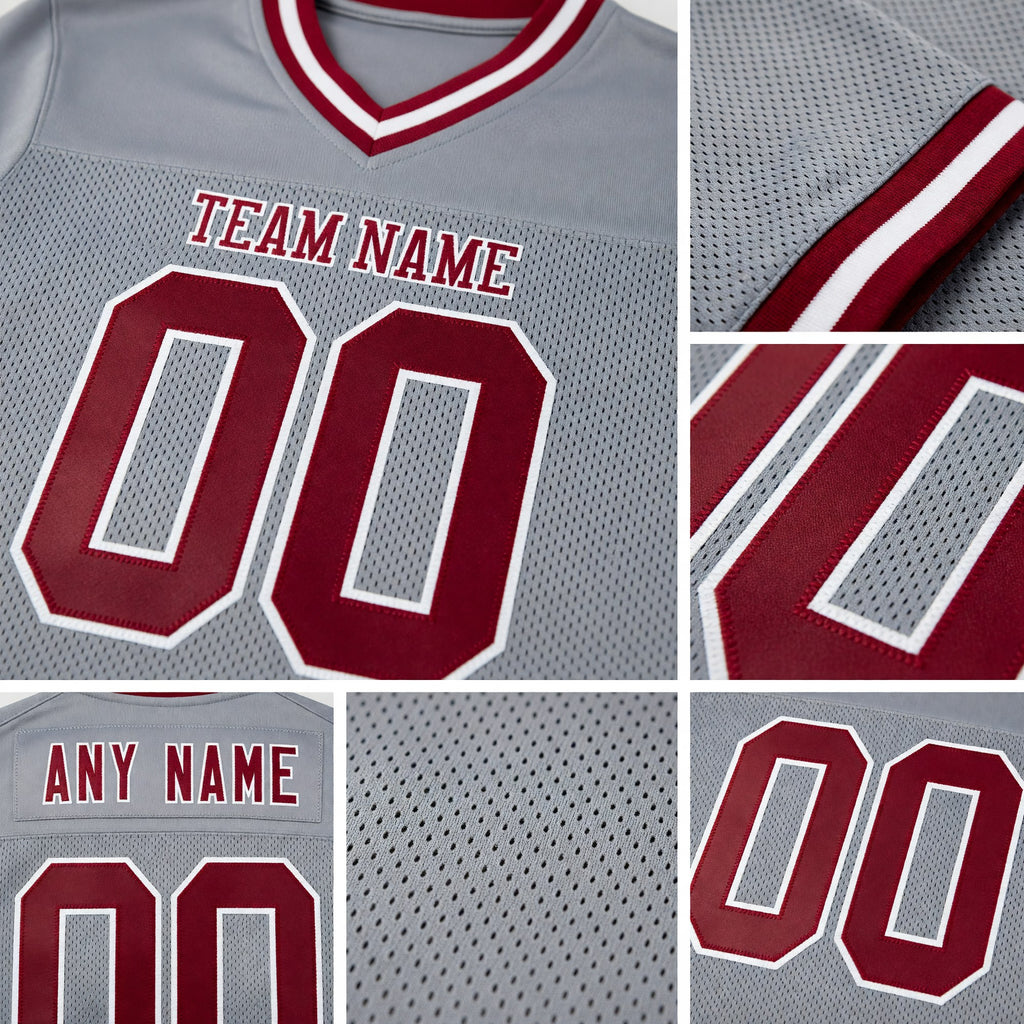 Custom Gray Maroon-White Mesh Authentic Throwback Football Jersey detail