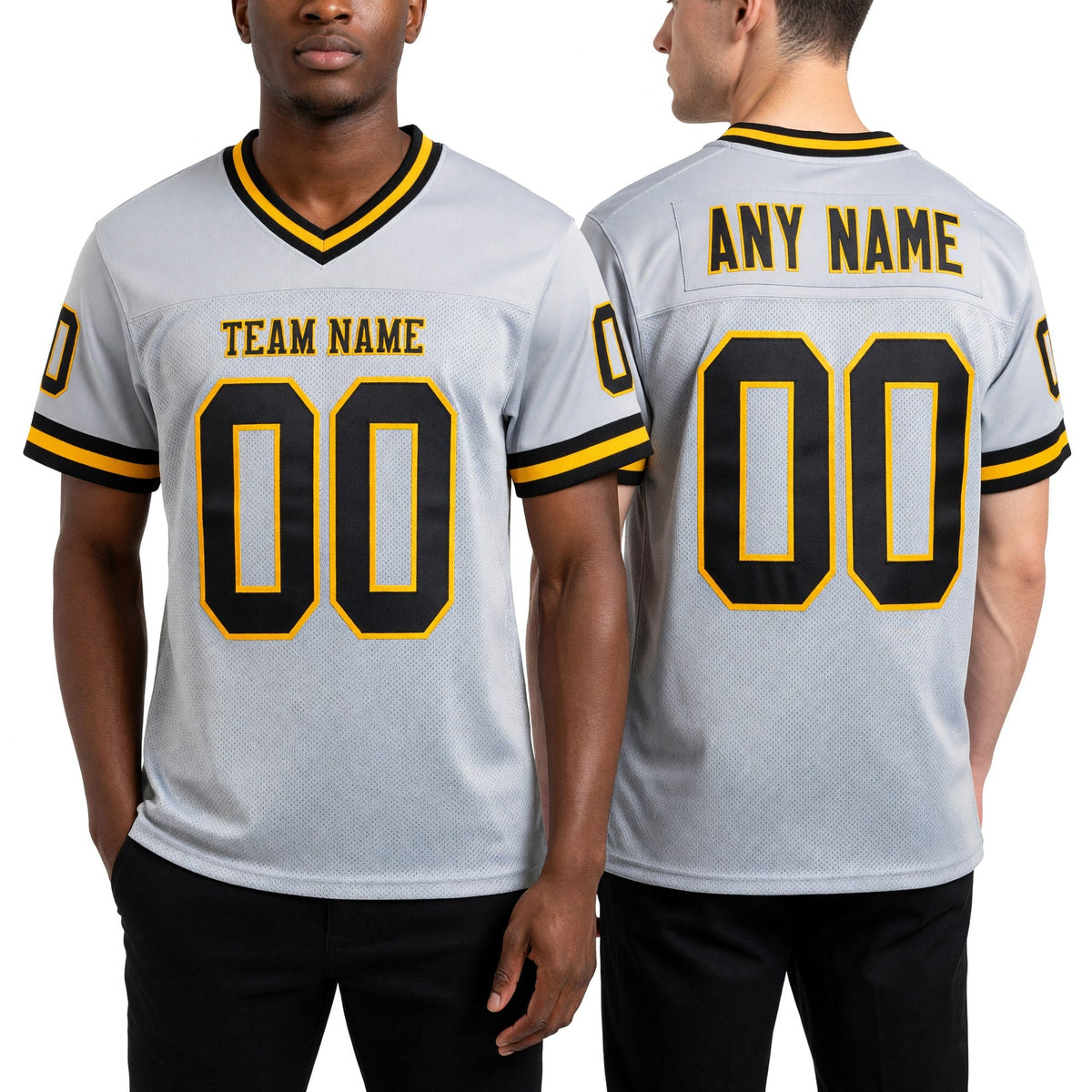 Custom Gray Black-Old Gold Mesh Authentic Throwback Football Jersey worn front and back