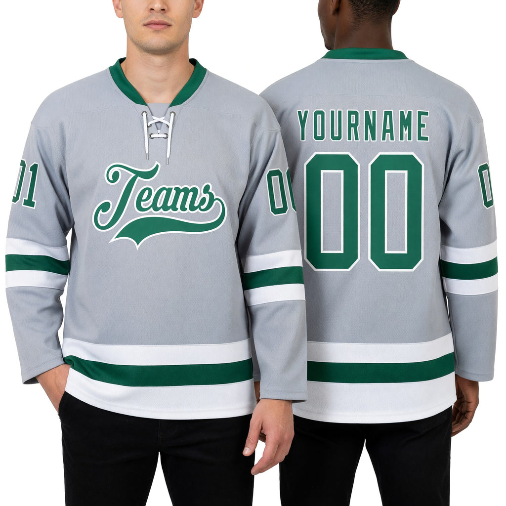 Custom Gray Kelly Green-White Hockey Lace Neck Jersey worn front and back