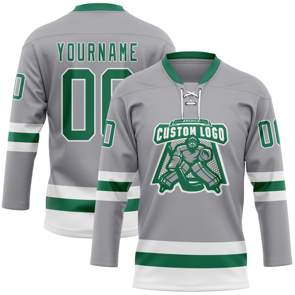 Custom Gray Kelly Green-White Hockey Lace Neck Jersey photo 2