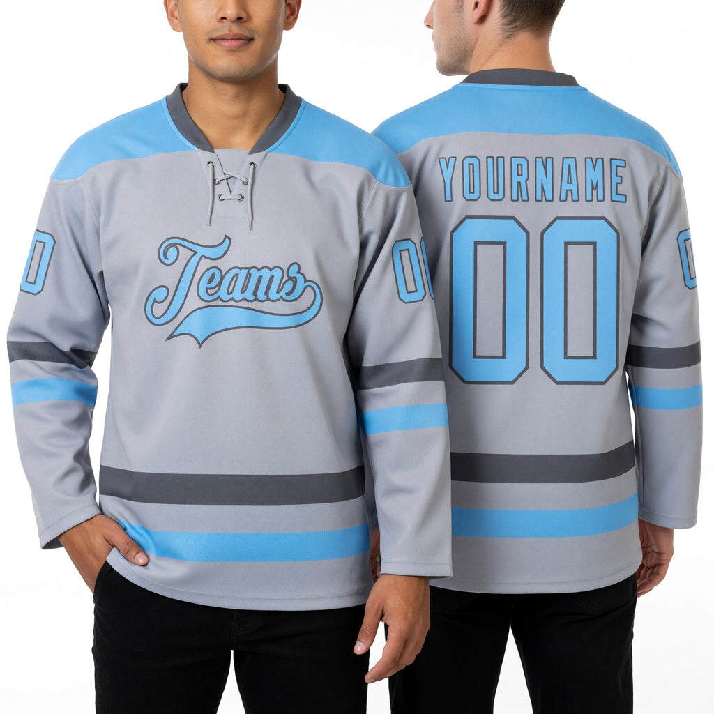 Custom Gray Light Blue-Steel Gray Hockey Lace Neck Jersey worn front and back