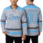 Custom Gray Light Blue-Steel Gray Hockey Lace Neck Jersey worn front and back