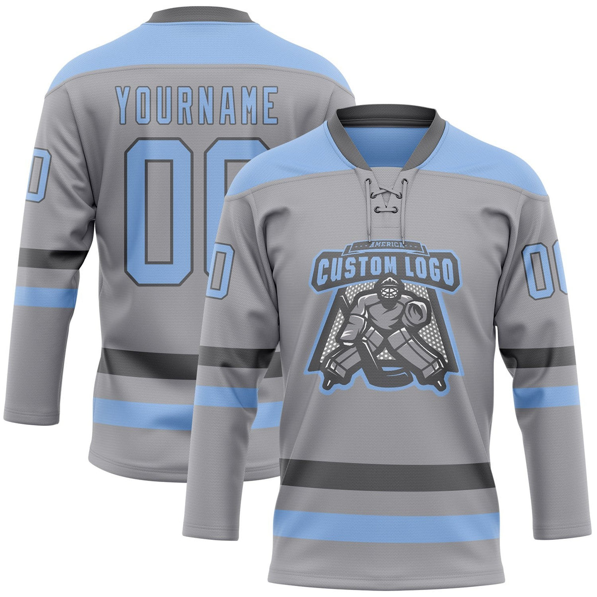 Custom Gray Light Blue-Steel Gray Hockey Lace Neck Jersey photo 2