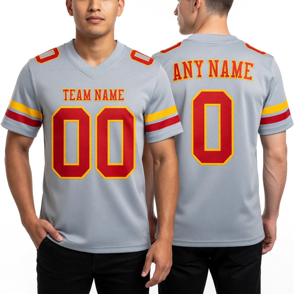 Custom Gray Red-Gold Authentic Football Jersey worn front and back