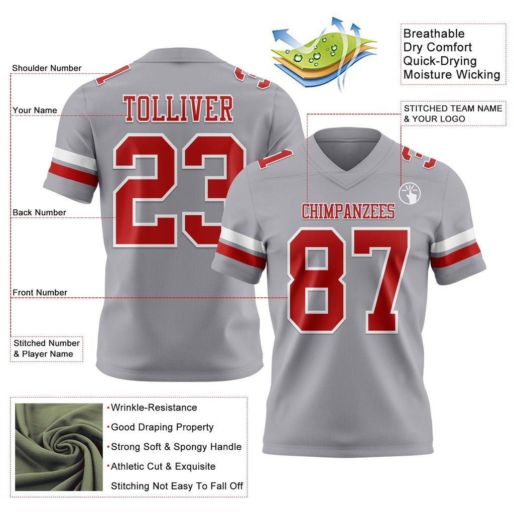 Custom Gray Red-White Authentic Football Jersey photo 3
