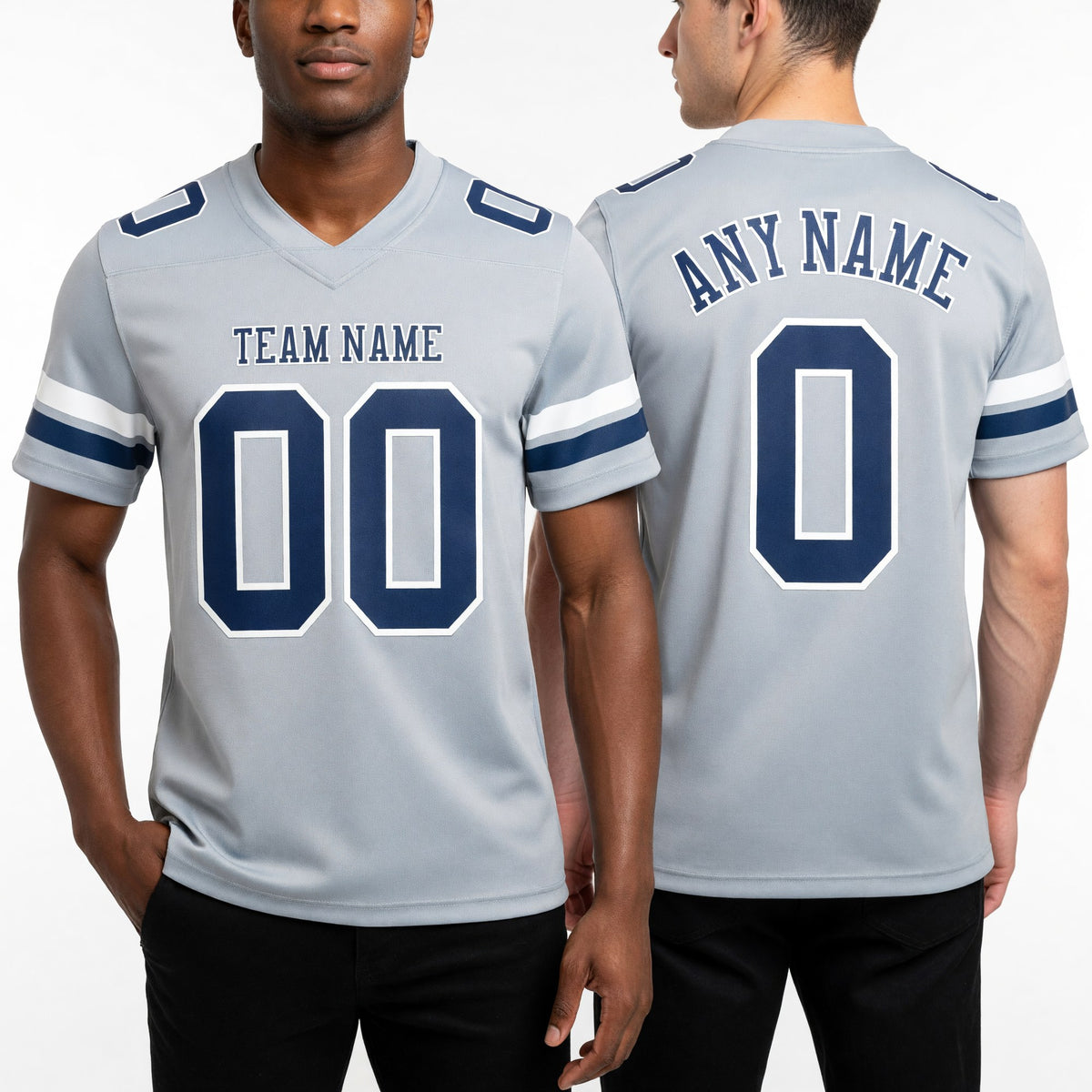 Custom Gray Navy-White Authentic Football Jersey worn front and back