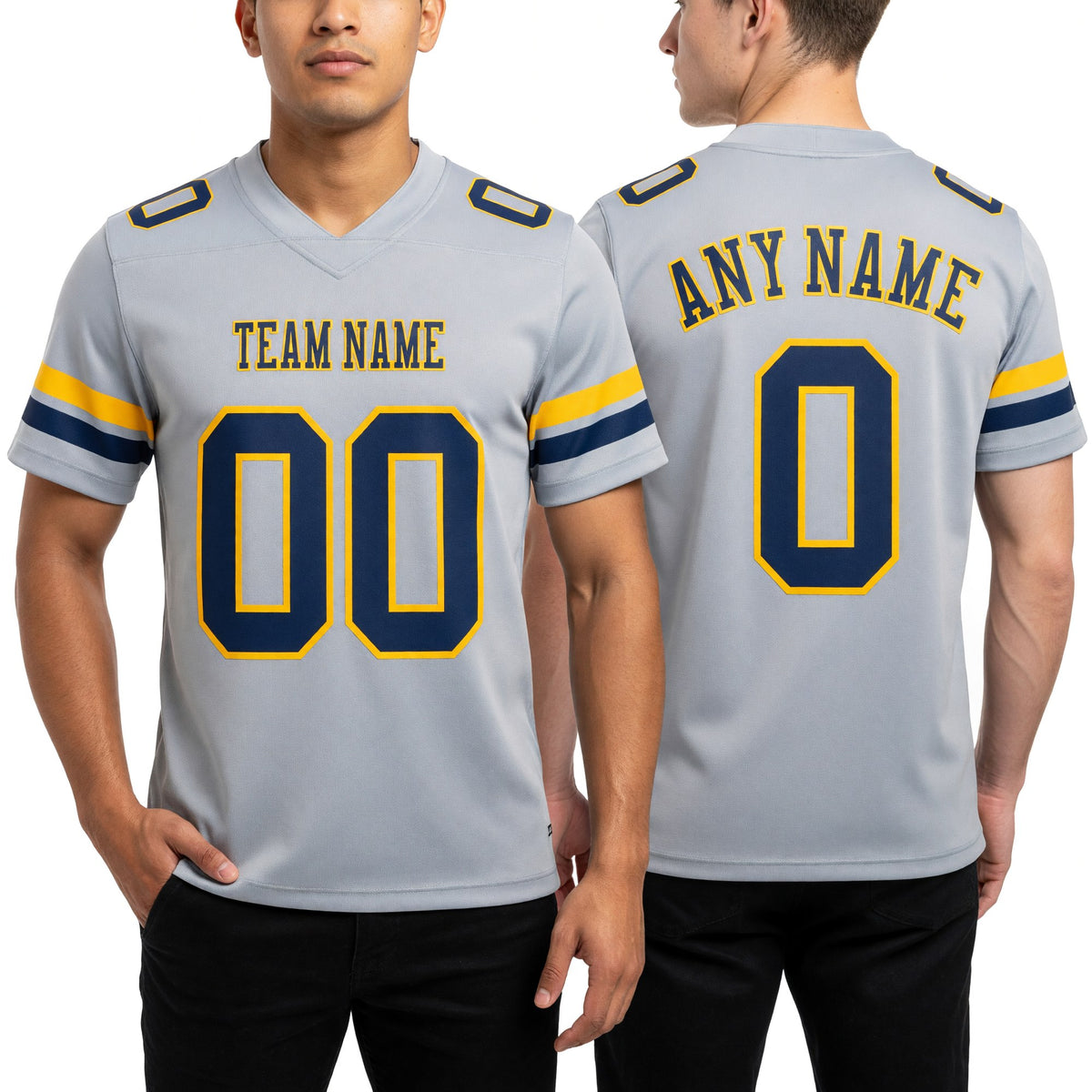 Custom Gray Navy-Gold Authentic Football Jersey worn front and back