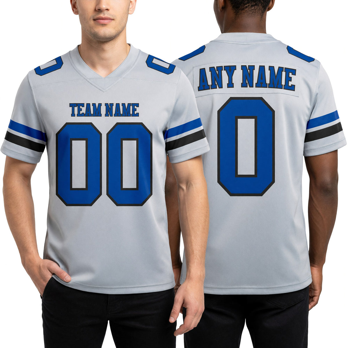 Custom Gray Royal-Black Authentic Football Jersey worn front and back