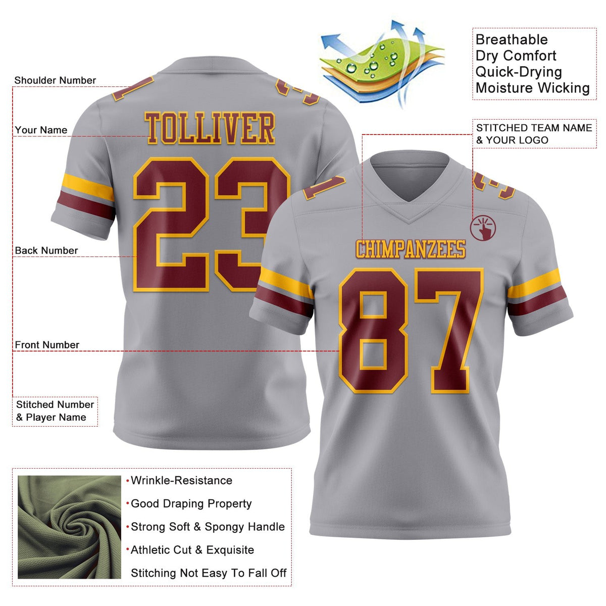 Custom Gray Burgundy-Gold Authentic Football Jersey photo 3