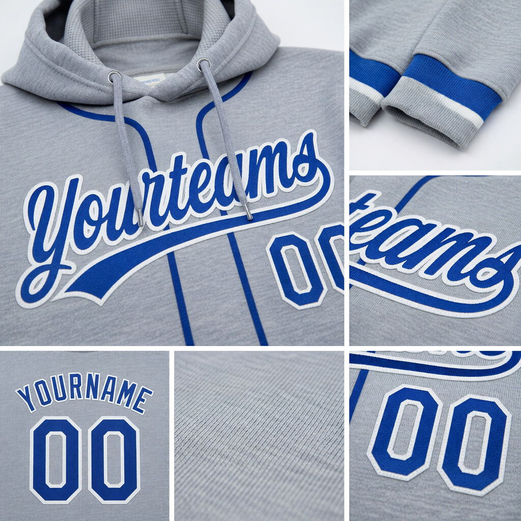 Custom Stitched Gray Royal-White Baseball Pullover Sweatshirt Hoodie detail