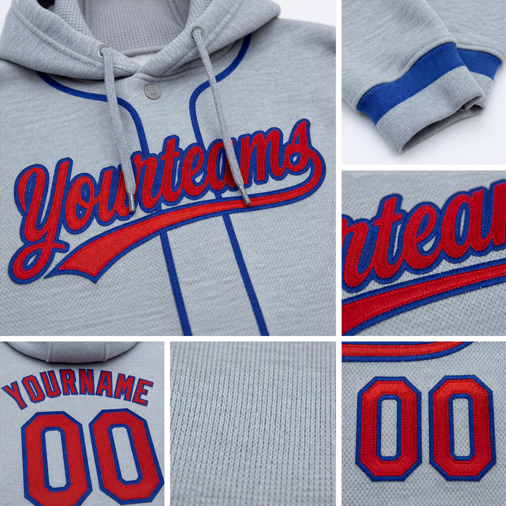 Custom Stitched Gray Red-Royal Baseball Pullover Sweatshirt Hoodie detail