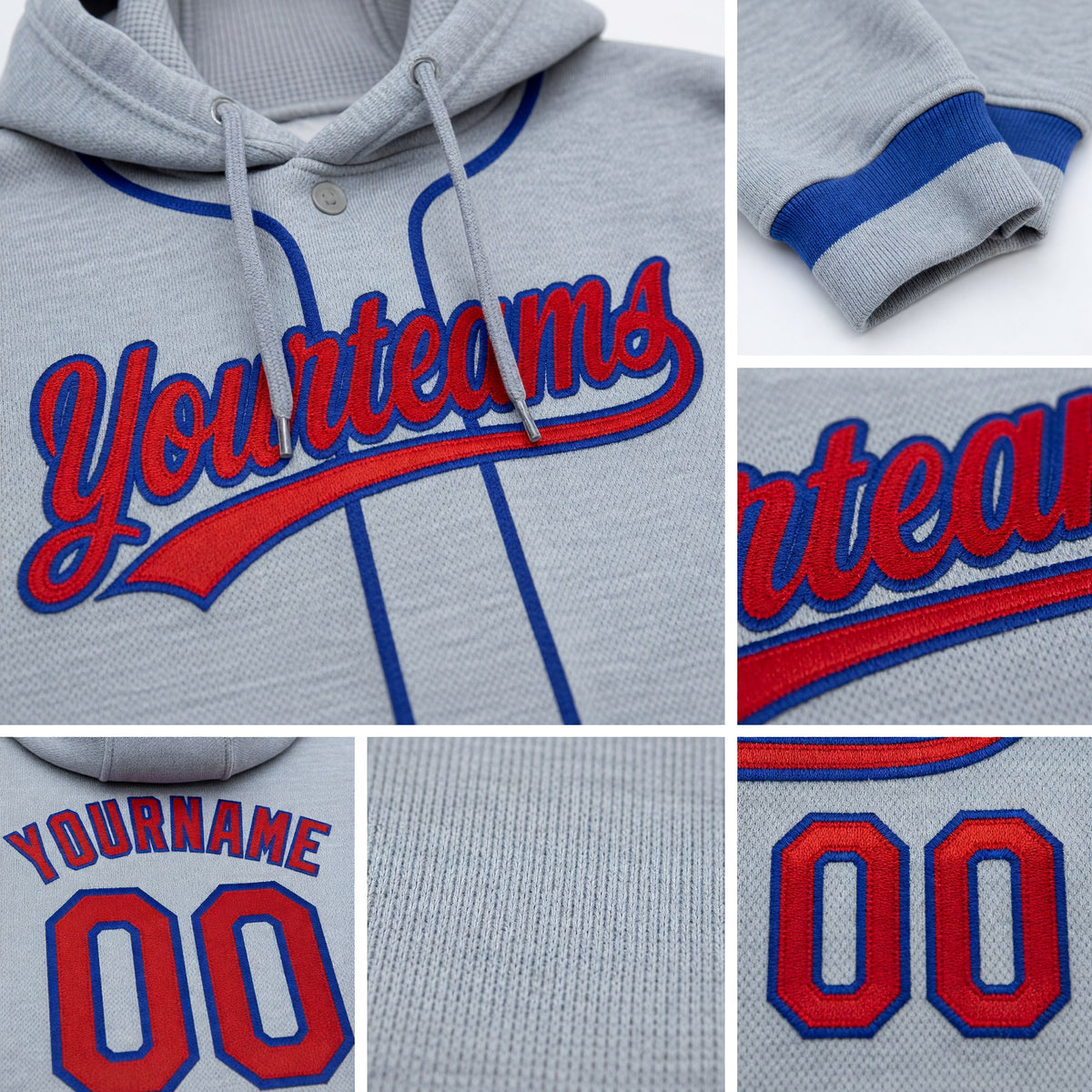 Custom Stitched Gray Red-Royal Baseball Pullover Sweatshirt Hoodie detail