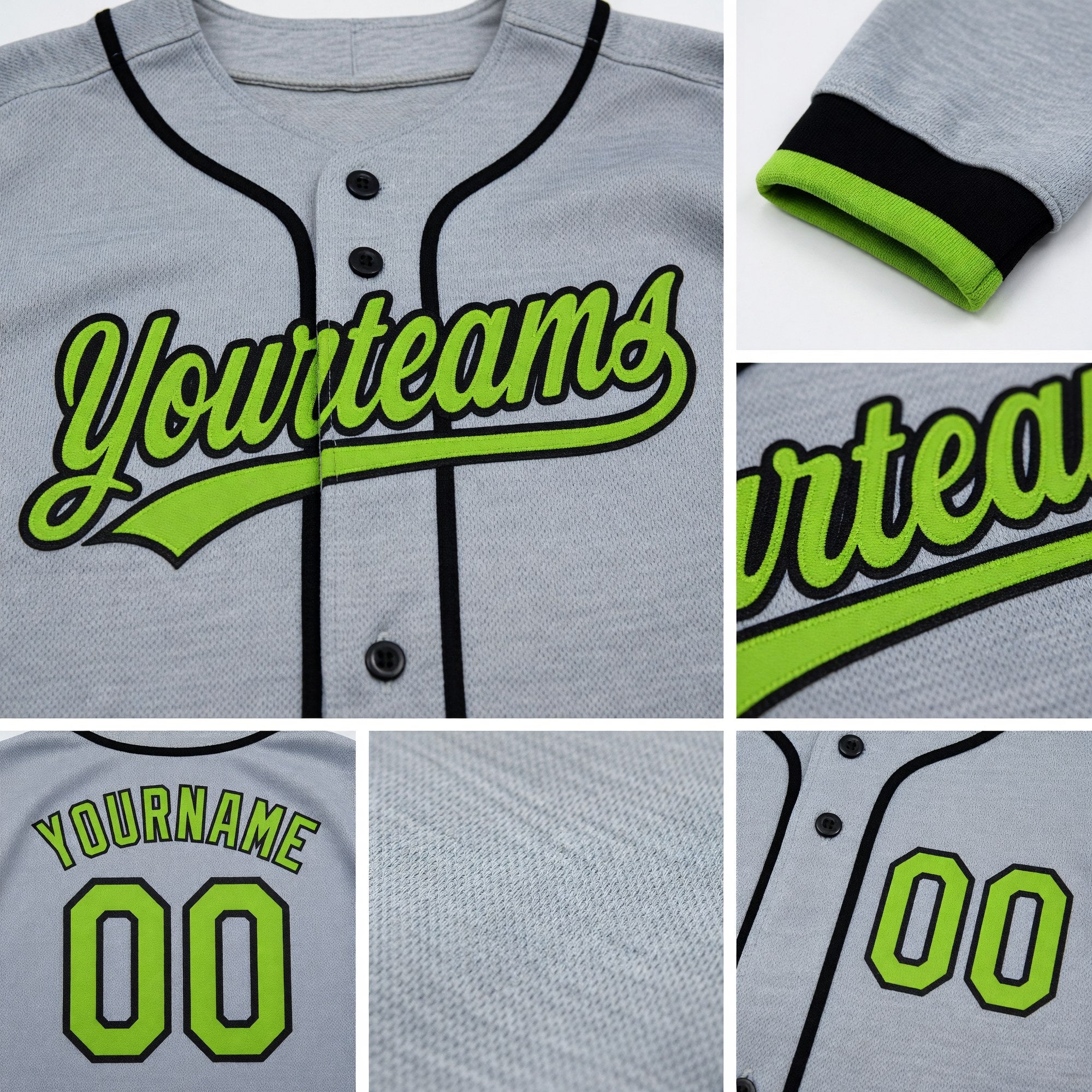 Custom Stitched Gray Neon Green-Black Baseball Pullover Sweatshirt Hoodie detail