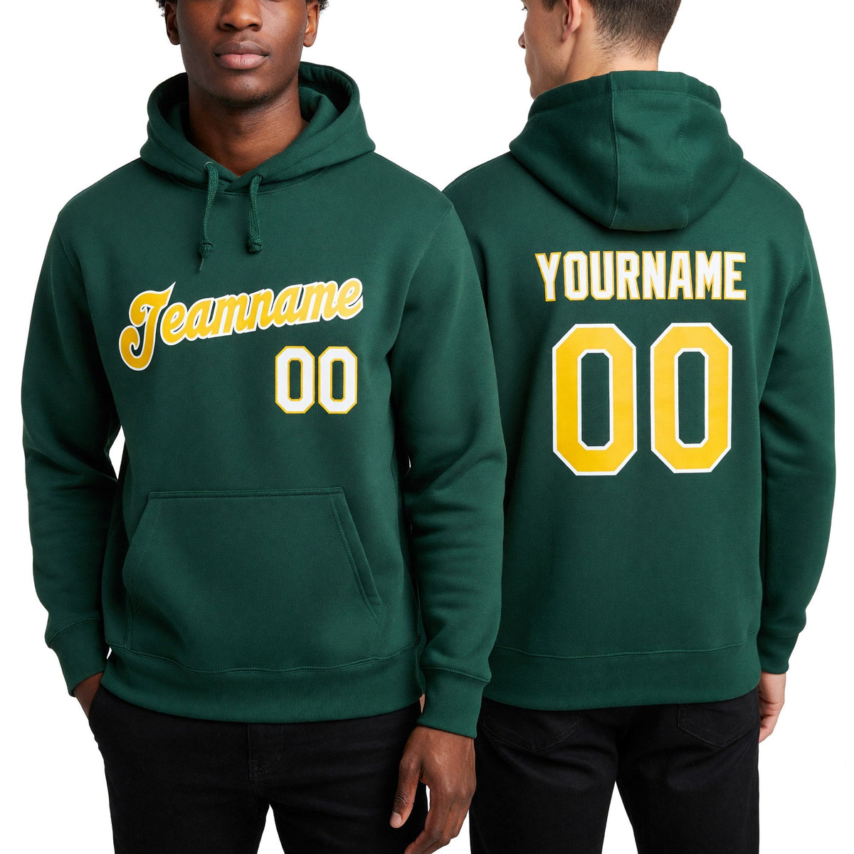 Custom Stitched Green Gold-White Sports Pullover Sweatshirt Hoodie worn front and back