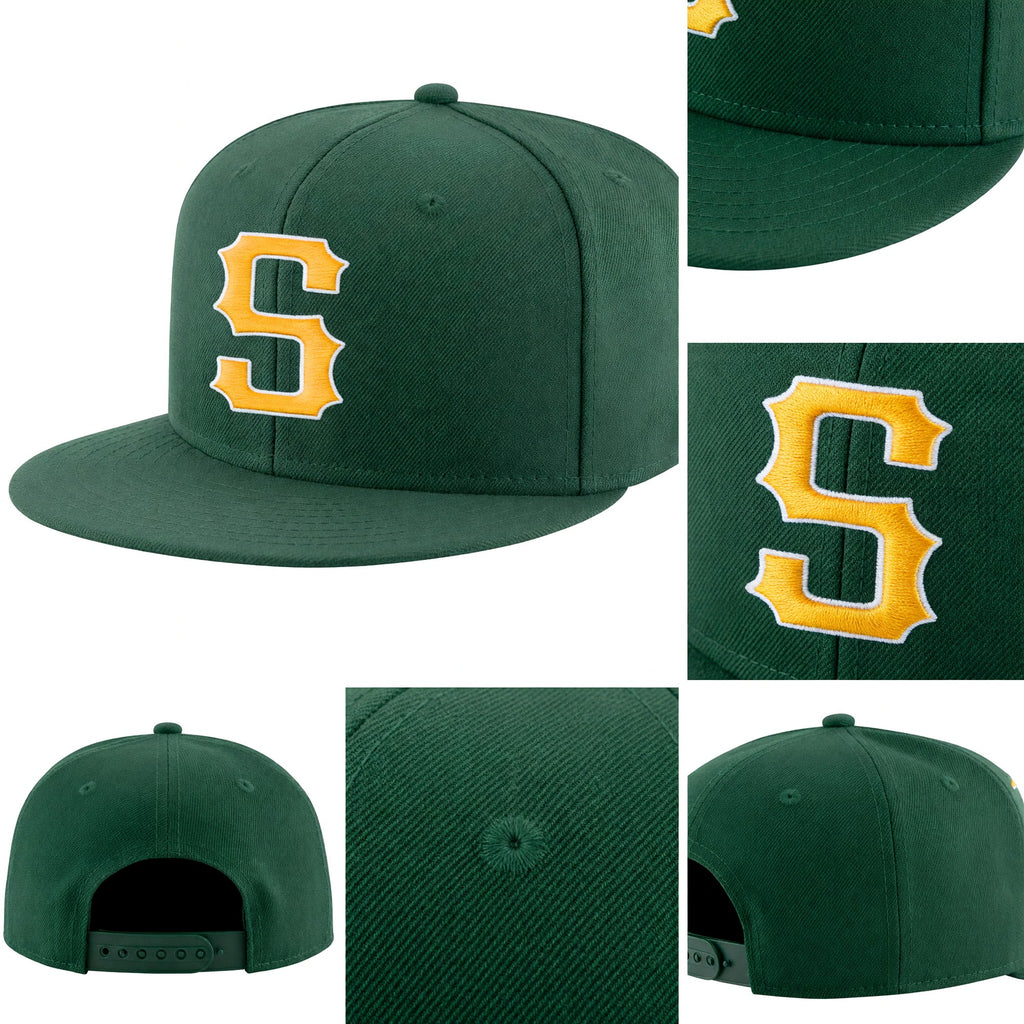 Custom Green Gold-White Stitched Adjustable Snapback Hat detail
