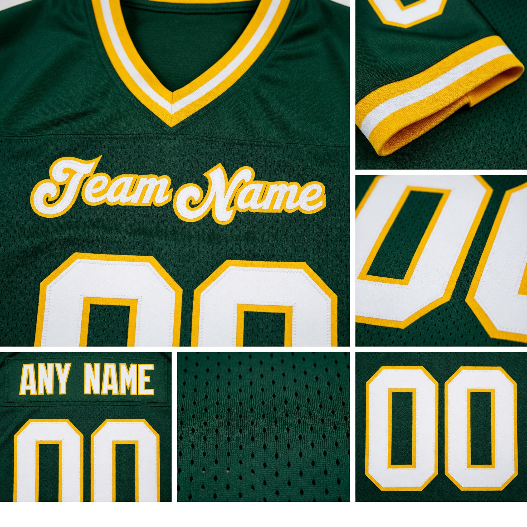 Custom Green White-Gold Mesh Authentic Throwback Football Jersey detail