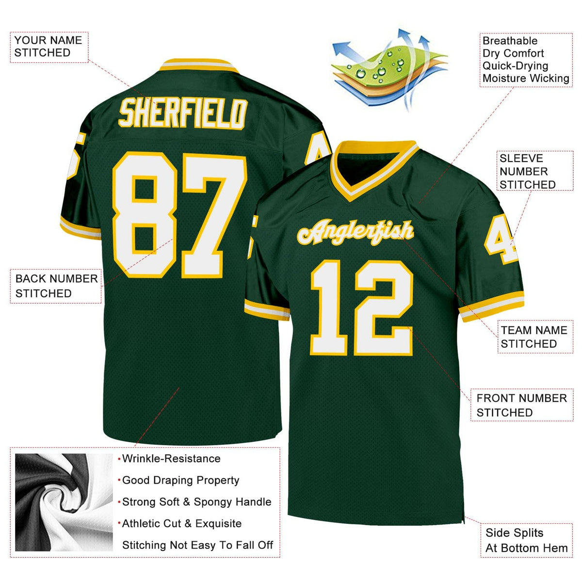 Custom Green White-Gold Mesh Authentic Throwback Football Jersey photo 4
