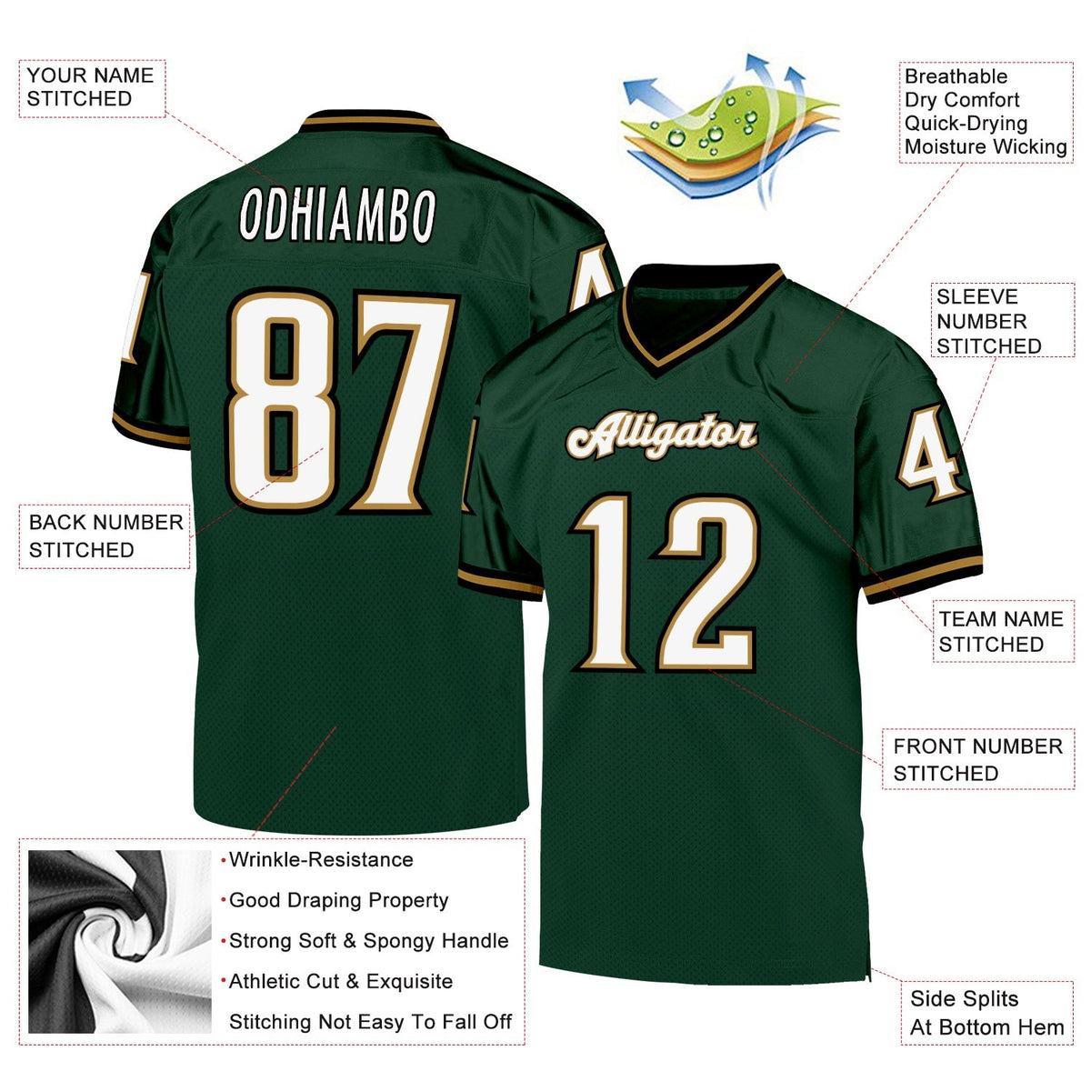 Custom Green White-Old Gold Mesh Authentic Throwback Football Jersey photo 4