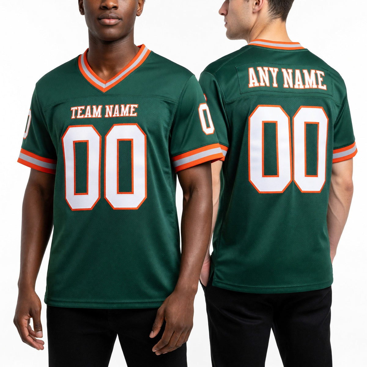 Custom Green White-Orange Mesh Authentic Throwback Football Jersey worn front and back