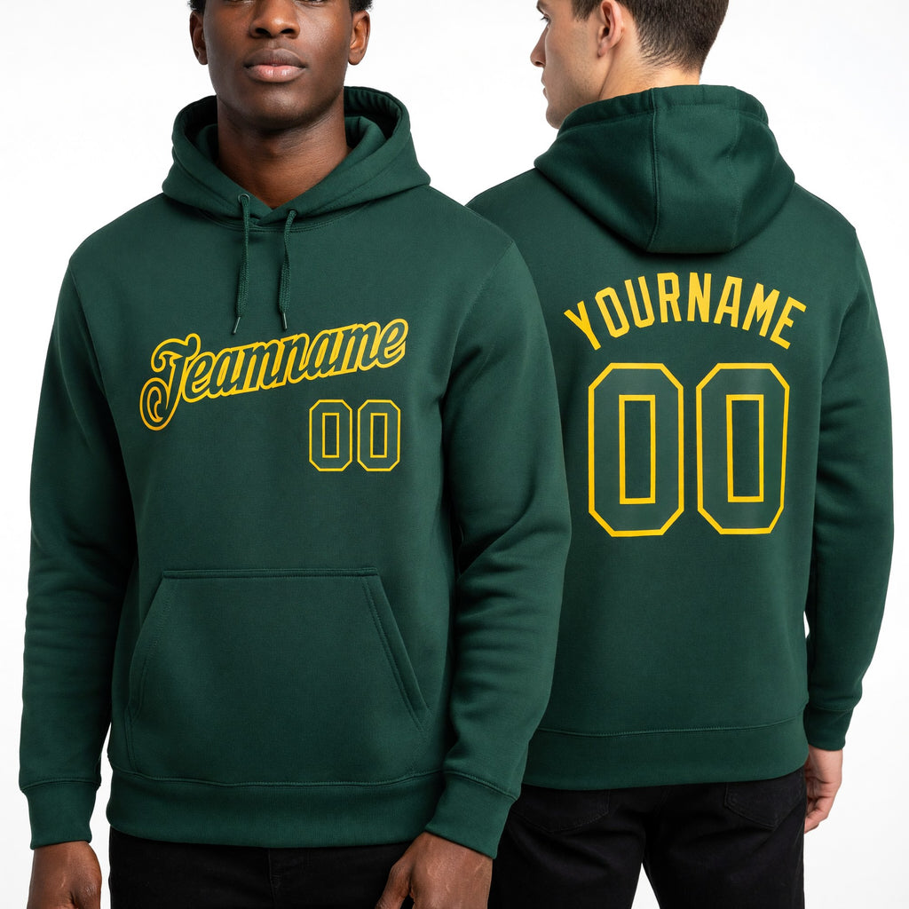 Custom Stitched Green Green-Gold Sports Pullover Sweatshirt Hoodie worn front and back