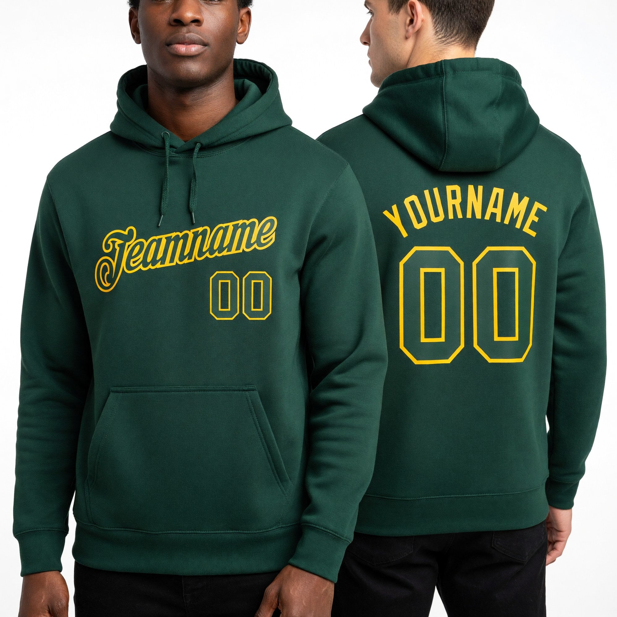Custom Stitched Green Green-Gold Sports Pullover Sweatshirt Hoodie worn front and back