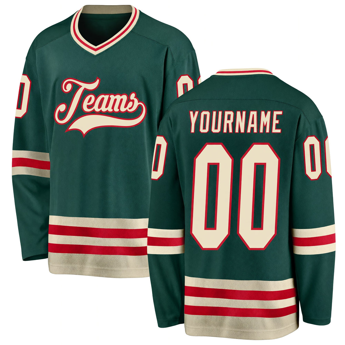 Custom Green Cream-Red Hockey Jersey