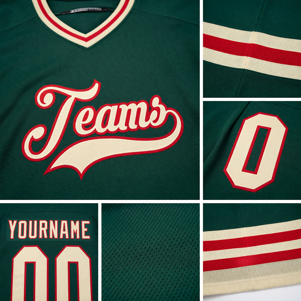 Custom Green Cream-Red Hockey Jersey detail