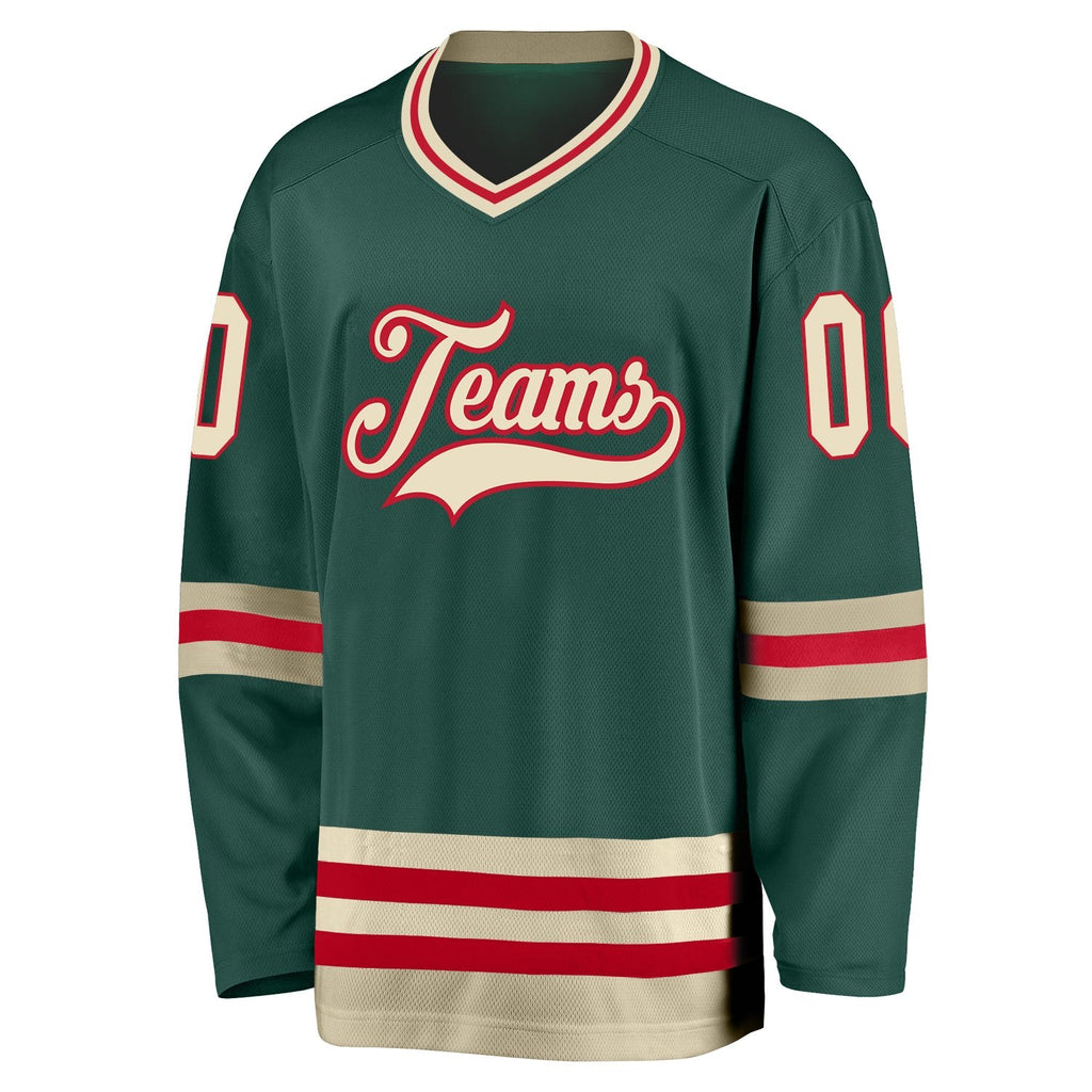 Custom Green Cream-Red Hockey Jersey photo 2