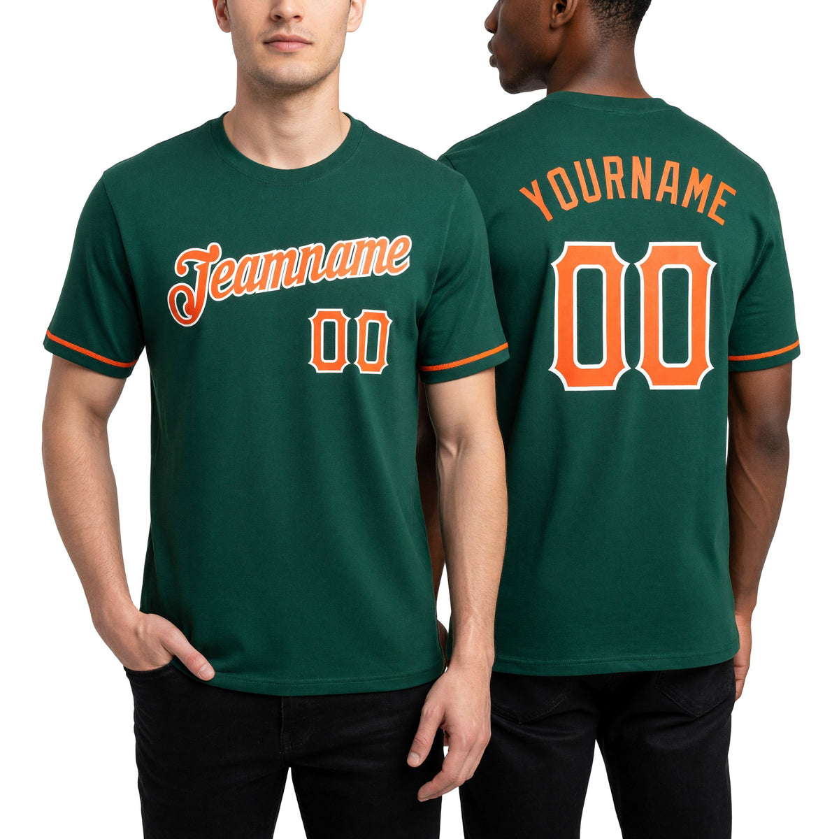 Custom Green Orange-White Performance T-Shirt worn front and back