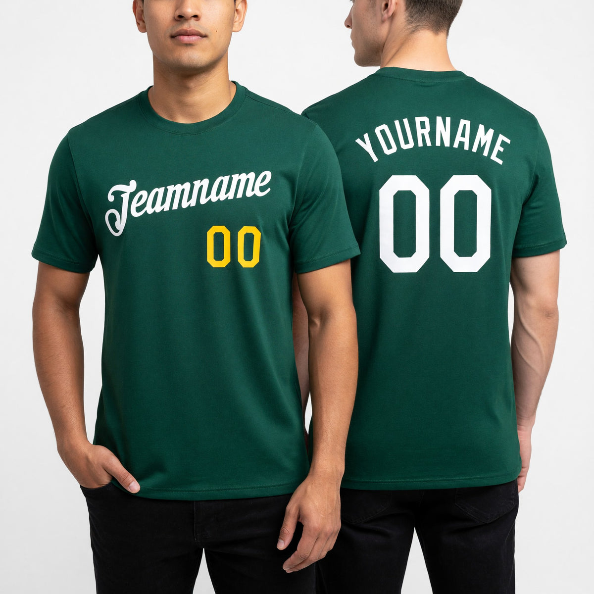 Custom Green White-Gold Performance T-Shirt worn front and back