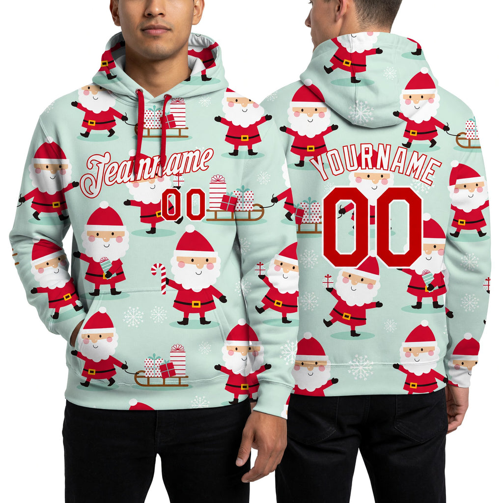 Custom Stitched Green Red-White Christmas 3D Sports Pullover Sweatshirt Hoodie worn front and back