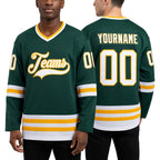 Custom Green White-Gold Hockey Jersey worn front and back