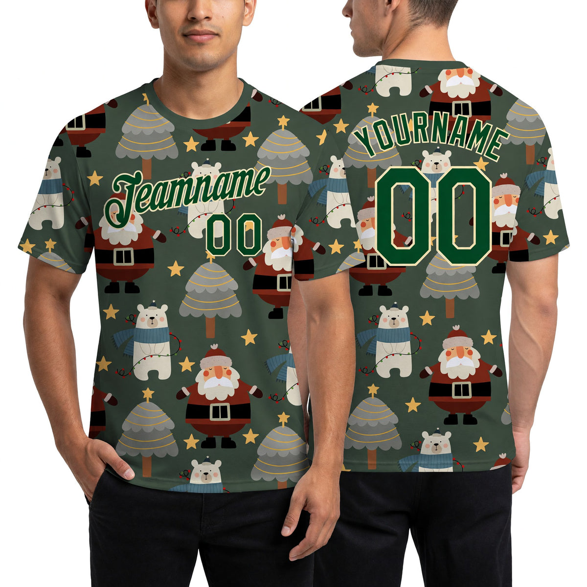 Custom Green Green-Cream Christmas 3D Performance T-Shirt worn front and back