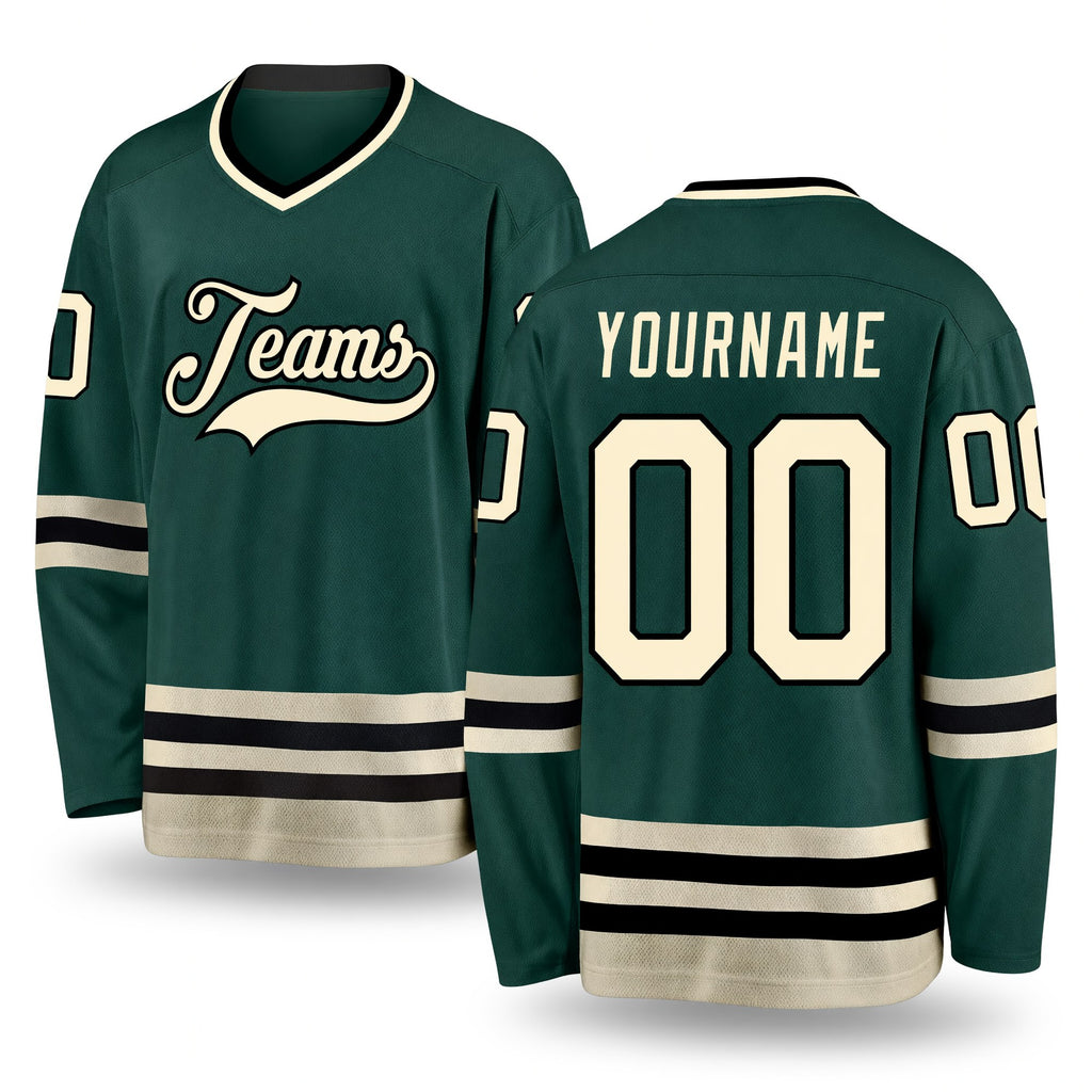 Custom Green Cream-Black Hockey Jersey