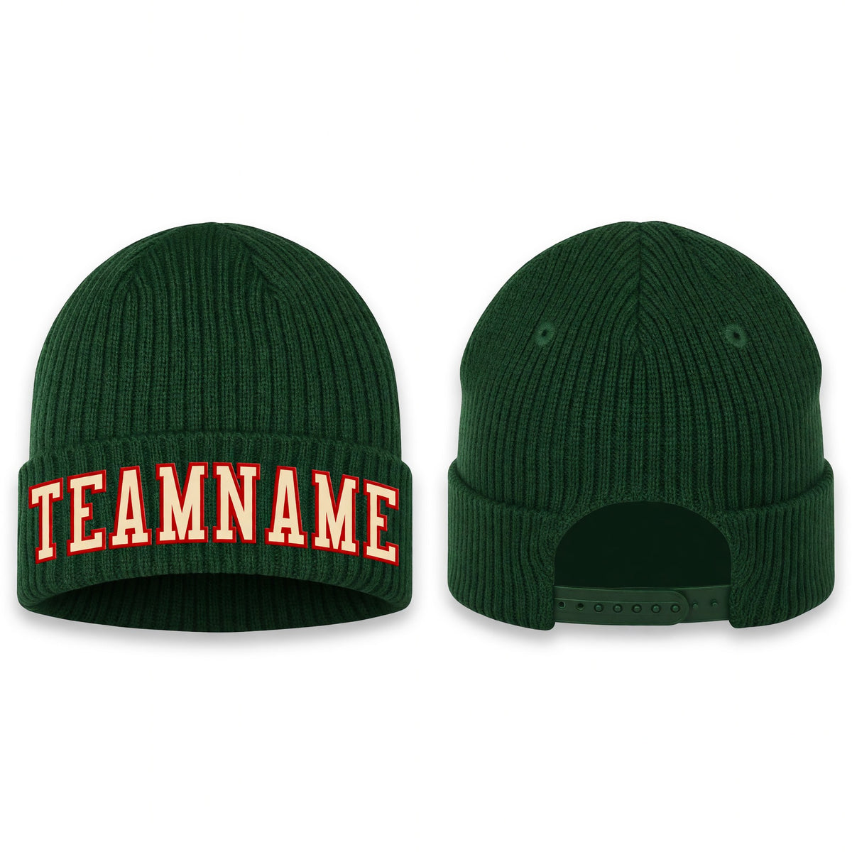 Custom Green Cream-Red Stitched Cuffed Knit Hat