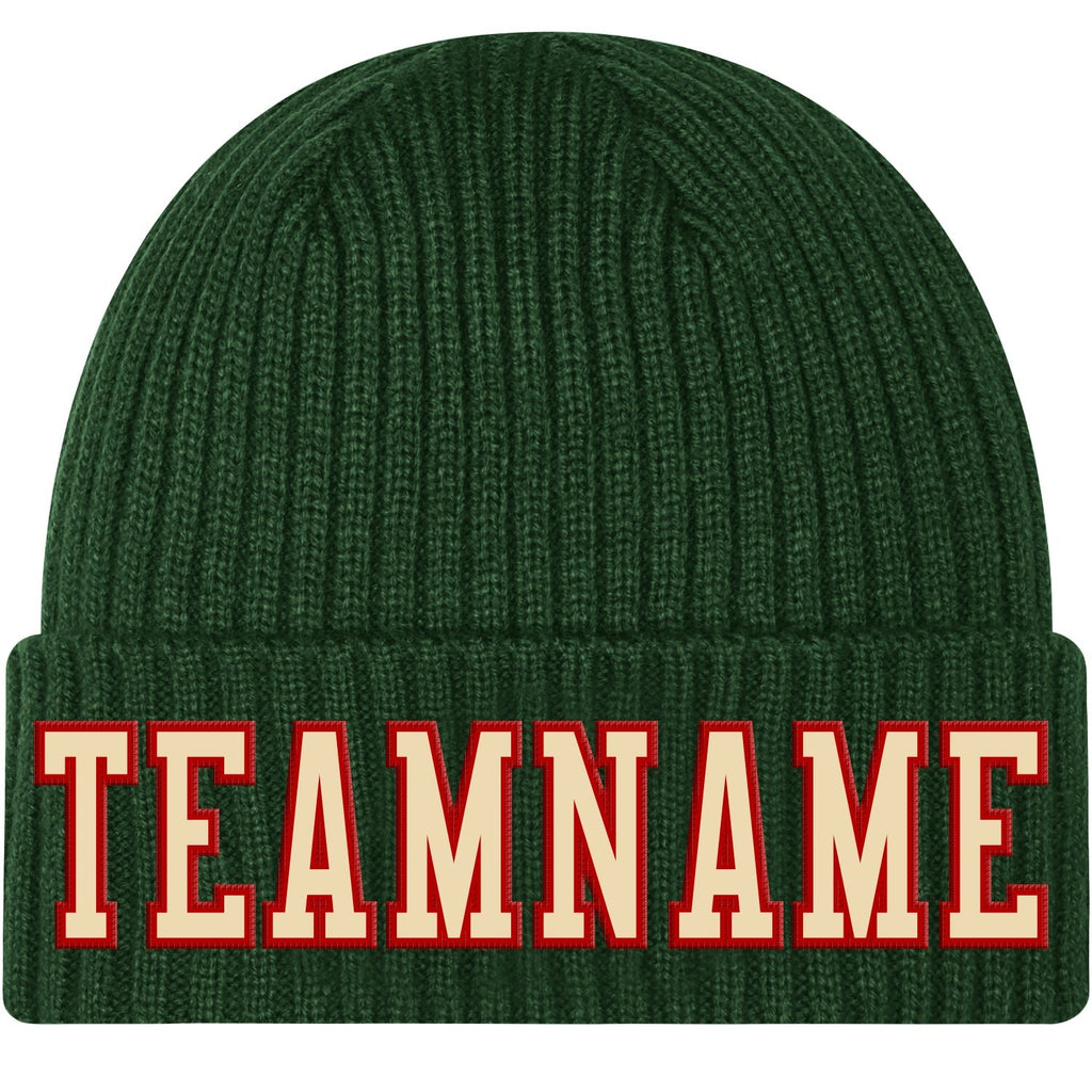 Custom Green Cream-Red Stitched Cuffed Knit Hat photo 1
