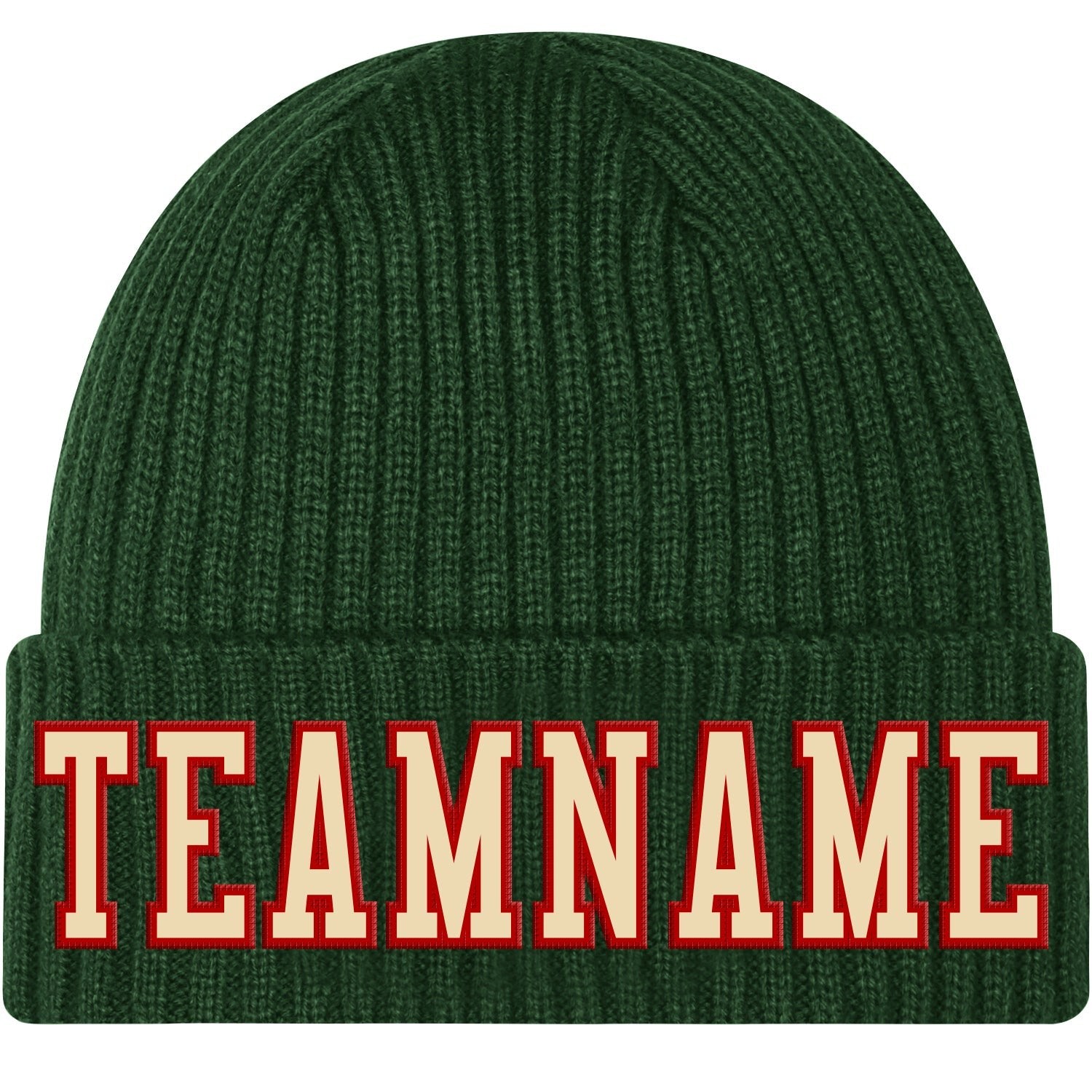 Custom Green Cream-Red Stitched Cuffed Knit Hat photo 1