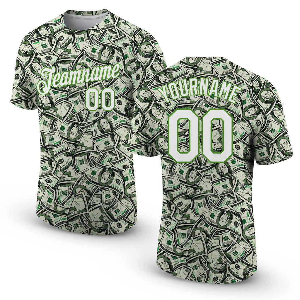 Custom Green White-Neon Green 3D Pattern Design Dollar Performance T-Shirt