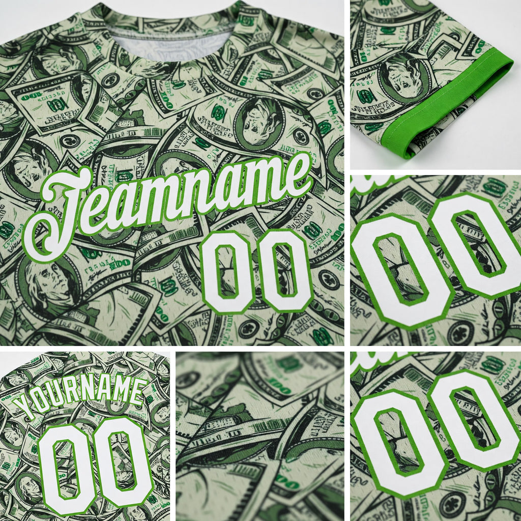 Custom Green White-Neon Green 3D Pattern Design Dollar Performance T-Shirt detail