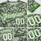 Custom Green White-Neon Green 3D Pattern Design Dollar Performance T-Shirt detail