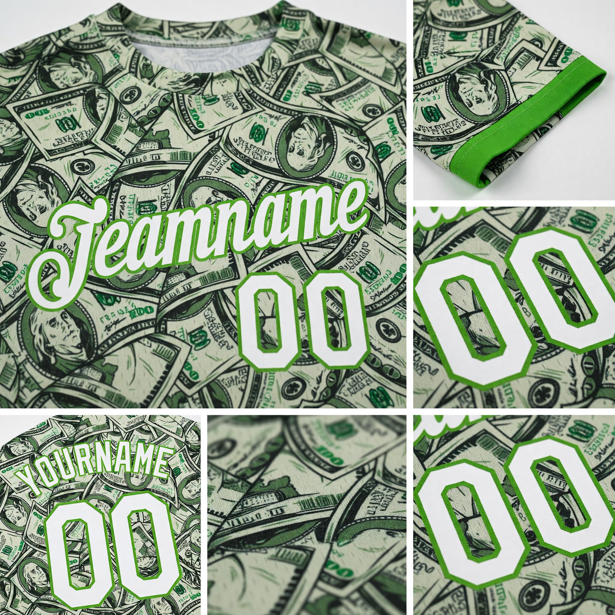 Custom Green White-Neon Green 3D Pattern Design Dollar Performance T-Shirt detail