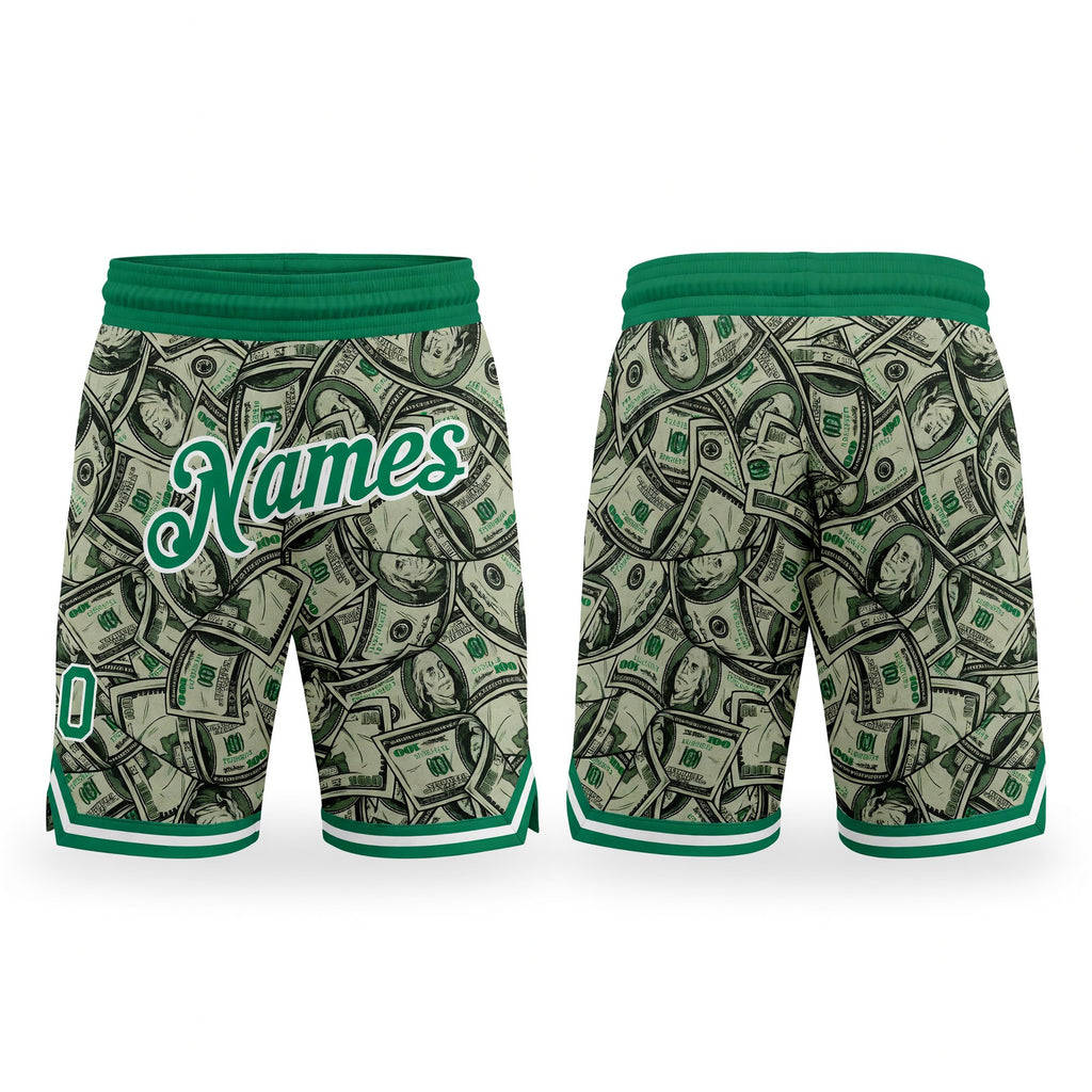 Custom Green Kelly Green-White 3D Pattern Design Dollar Authentic Basketball Shorts